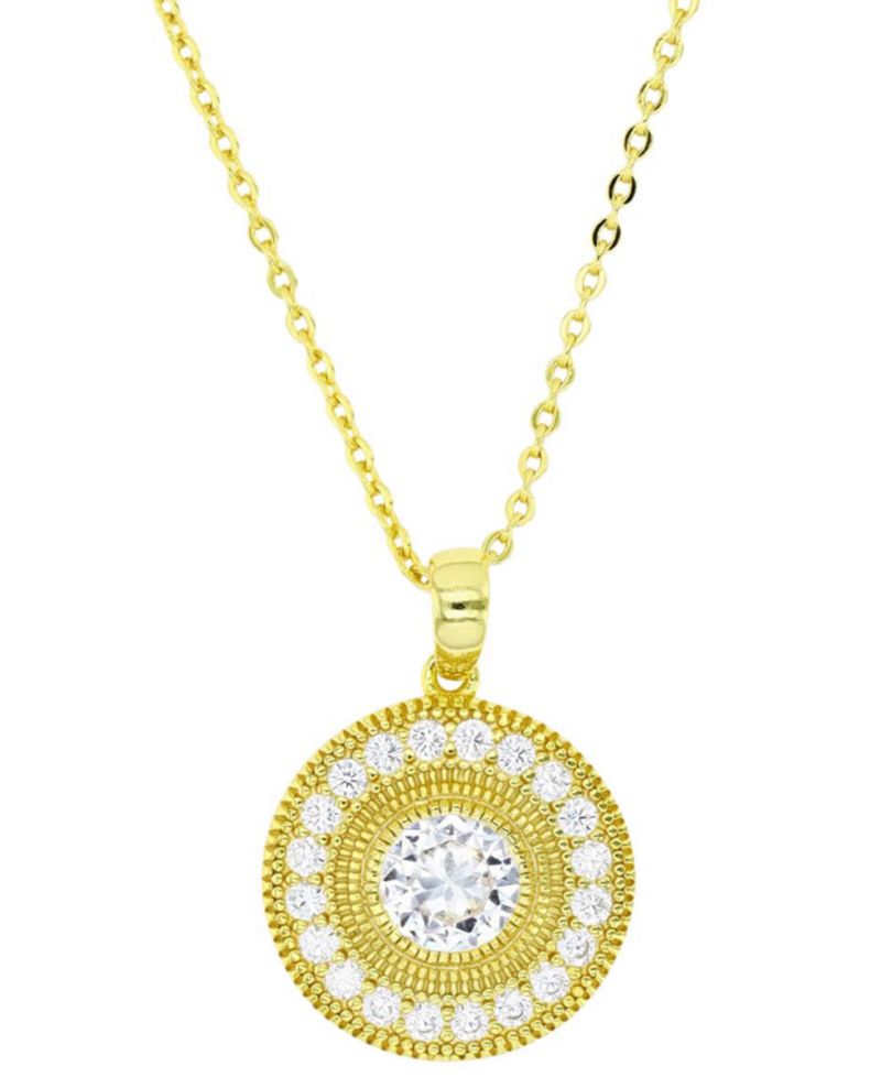 Cubic Zirconia Halo Halo Bead Disc Pendant Necklace in 14k Gold-Plated Sterling Silver, 18" + 2" extender