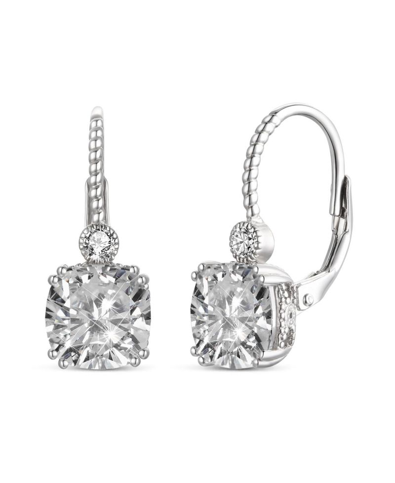 Beautiful White Gold Plated Cushion-Cut CZ leverback Earrings