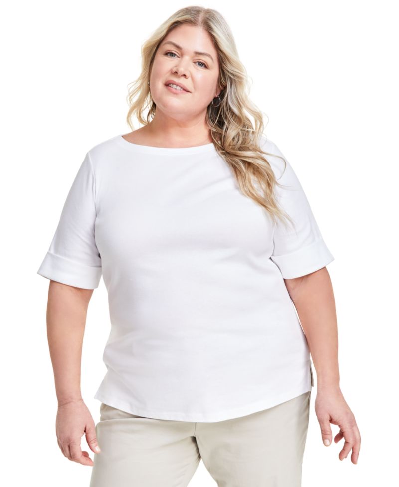Plus Size Boat-Neck Elbow-Sleeve Top