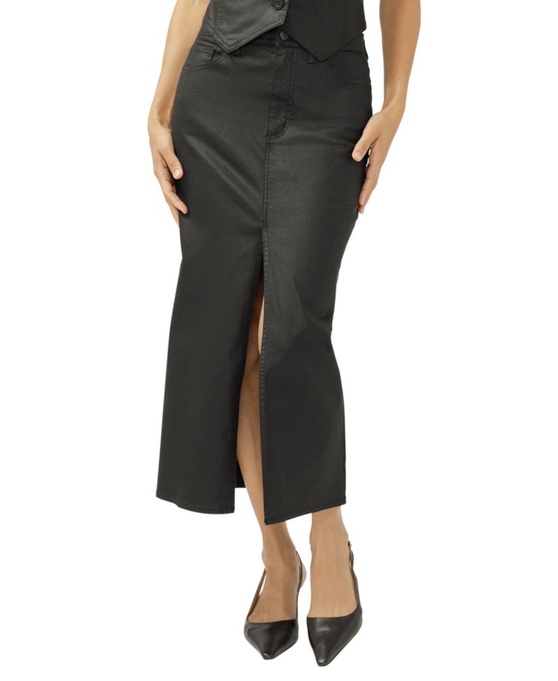 Women's Coated Front-Slit Midi Skirt