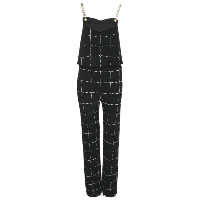Women's Black Patterned Knit Chain Strap Detail Jumpsuit