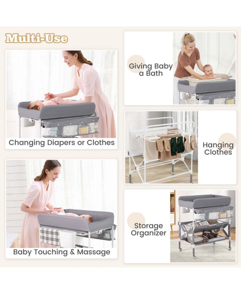 Portable Baby Changing Table with Wheels Adjustable Height Large Storage Rack