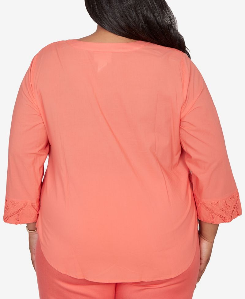 Plus Size Resort Living Textured Lace Scroll Henley Top