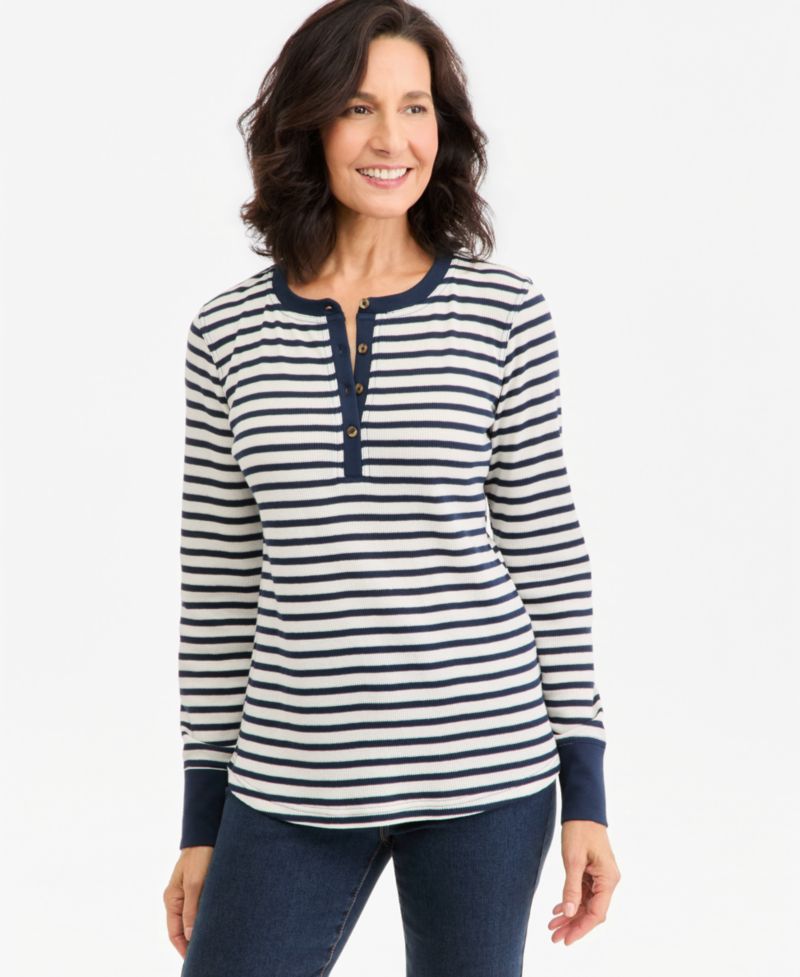 Women's Stripe Long-Sleeve Waffle Henley Top