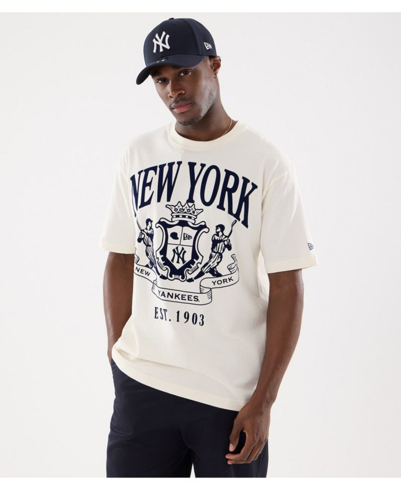 Men's Beige New York Yankees Lifestyle Coat of Arms Flocking T-Shirt
