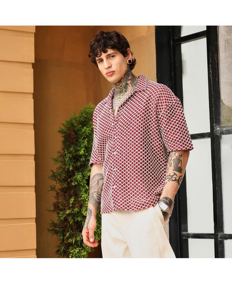 Men's Crimson Red Geometric-Crochet Cuban Oversized Shirt