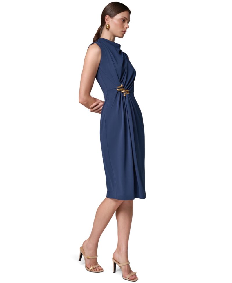 Women's Sleeveless Mock Neck Gathered Waist Midi Dress