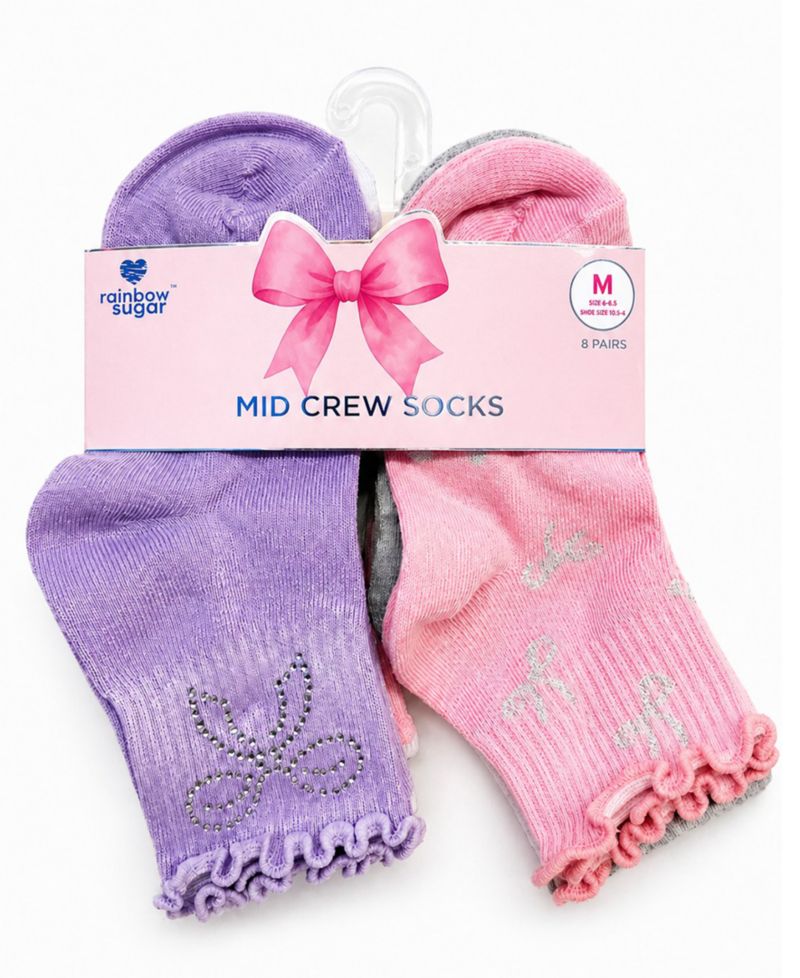 Girls' 4-8.5 Mid Crew Socks, 8-Pack