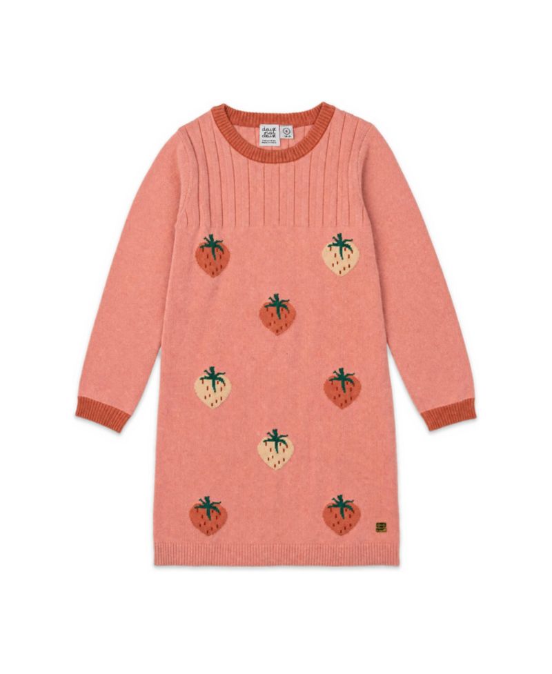 Big Girls (6-14) Knitted Dress with Strawberry Jacquard Pink
