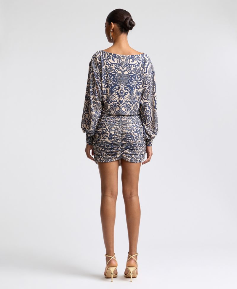 Women's Boat Neck Ruched Printed Mini Dress