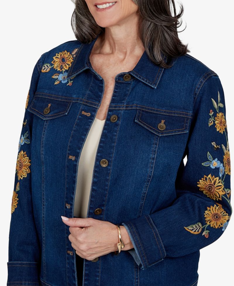 Petite Denim Floral-Embroidered Jacket