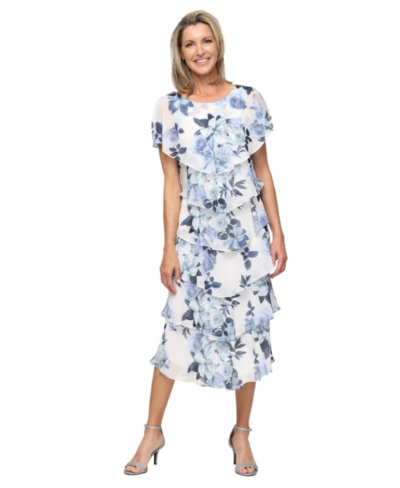 Women's Tea Length Crewneck Tiered Dress