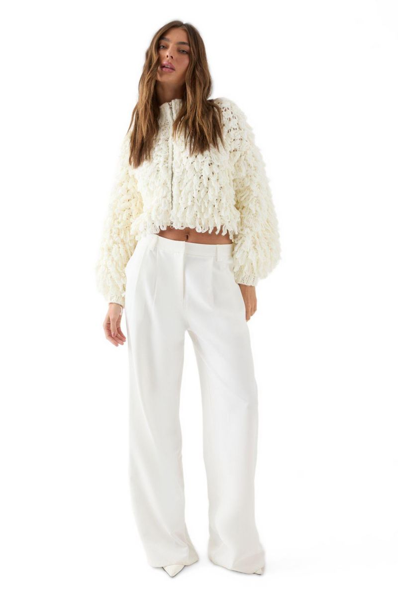 Women's Zip Up Cream Fringe Loop Cardigan