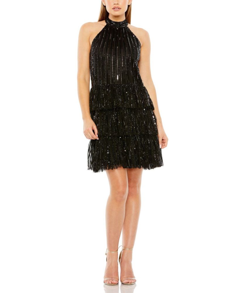 Women's High Neck A-Line Ruffle Sequin Mini Dress