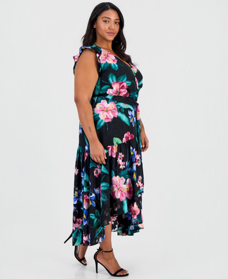 Women's Ruffle-Sleeve V-Neck High-Low Wrap Dress