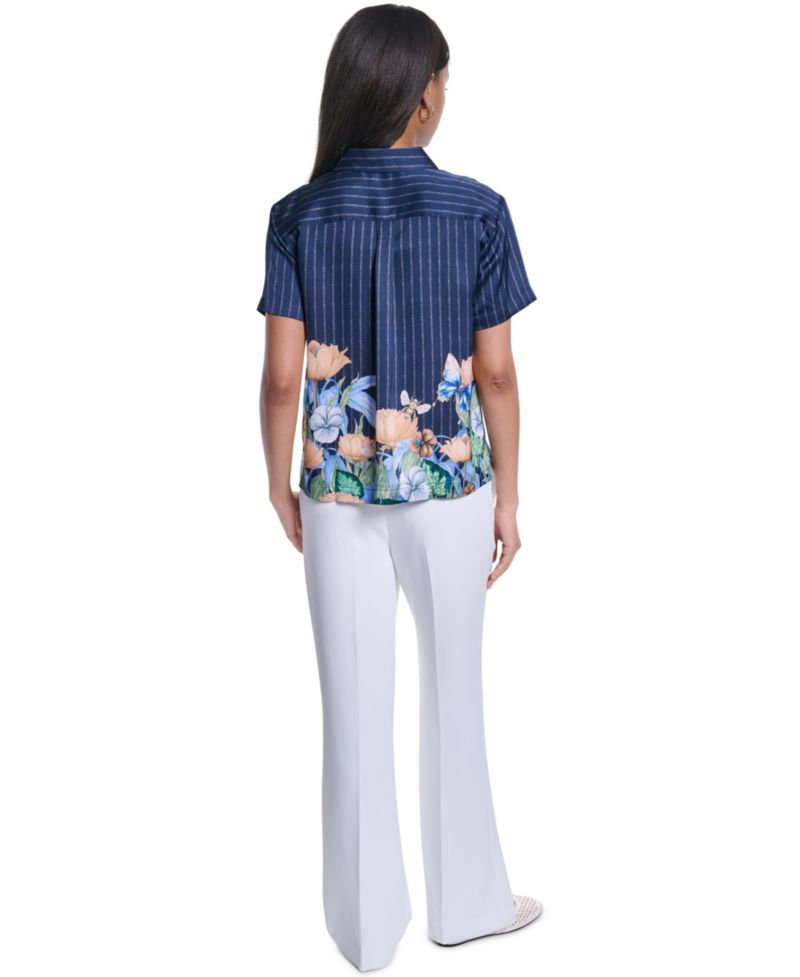 Petite Striped Floral Printed Button-Up Blouse