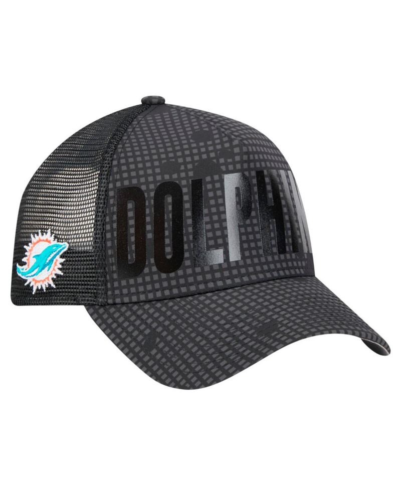 Men's Black Miami Dolphins Midnight Ink Tonal Text A-Frame Trucker 9FORTY Adjustable Hat
