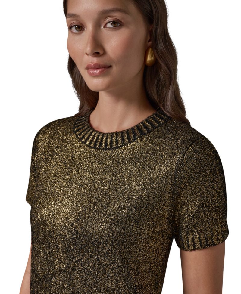 Women's Foil Boucle Short-Sleeve Crewneck Sweater