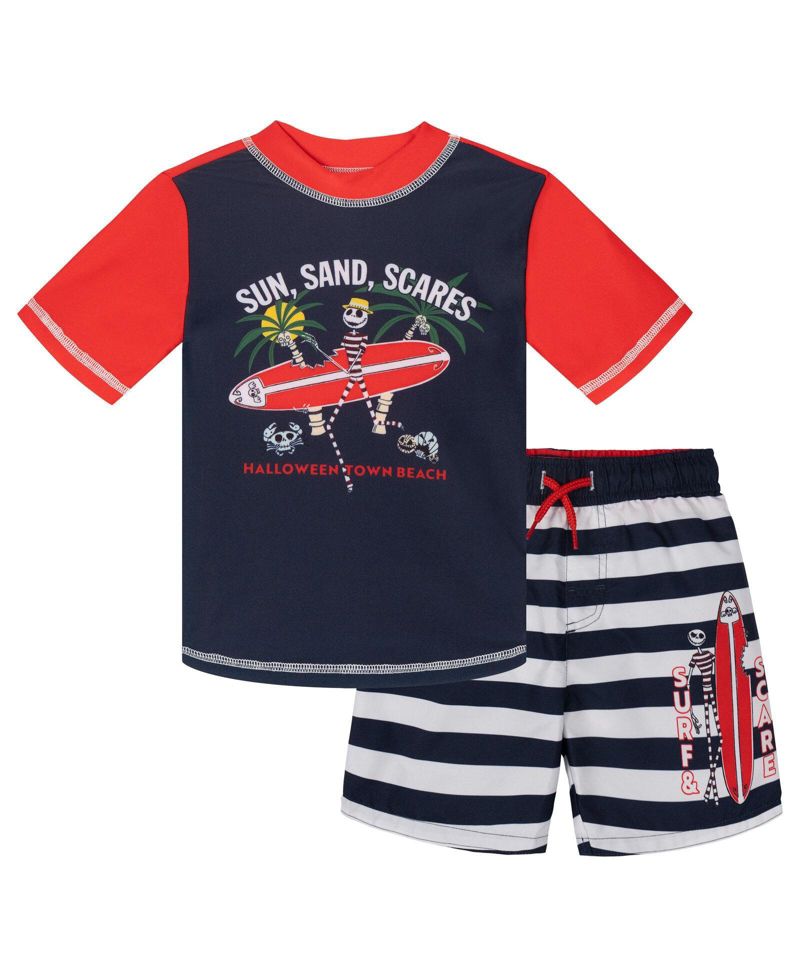 Boys Mickey Mouse Jack Skellington Swimwear 2-Piece Rash Guard and Swim Trunks Set