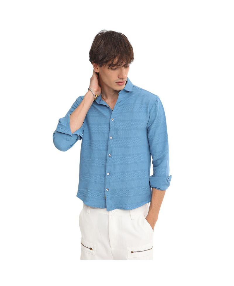 Men's Sky Blue Chevron-Textured Shirt