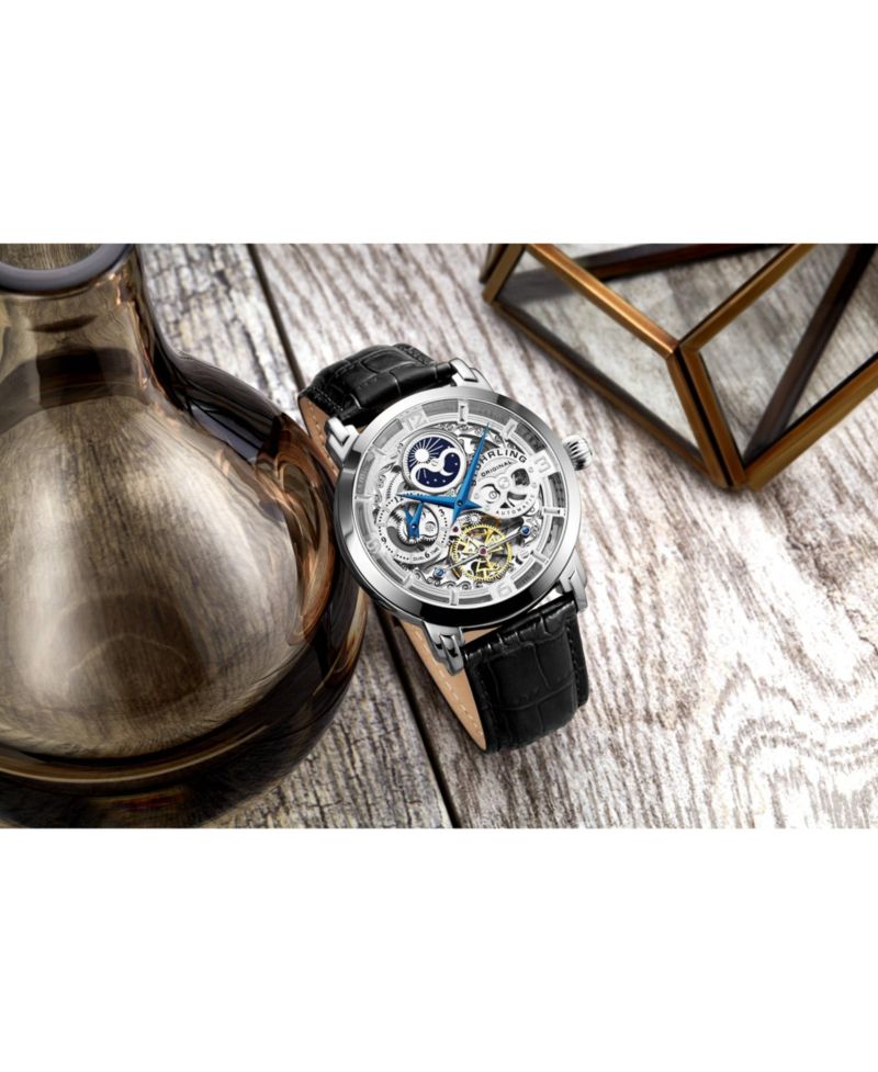 Anatol Automatic Skeleton Dual-Time Black Leather Watch, 47mm