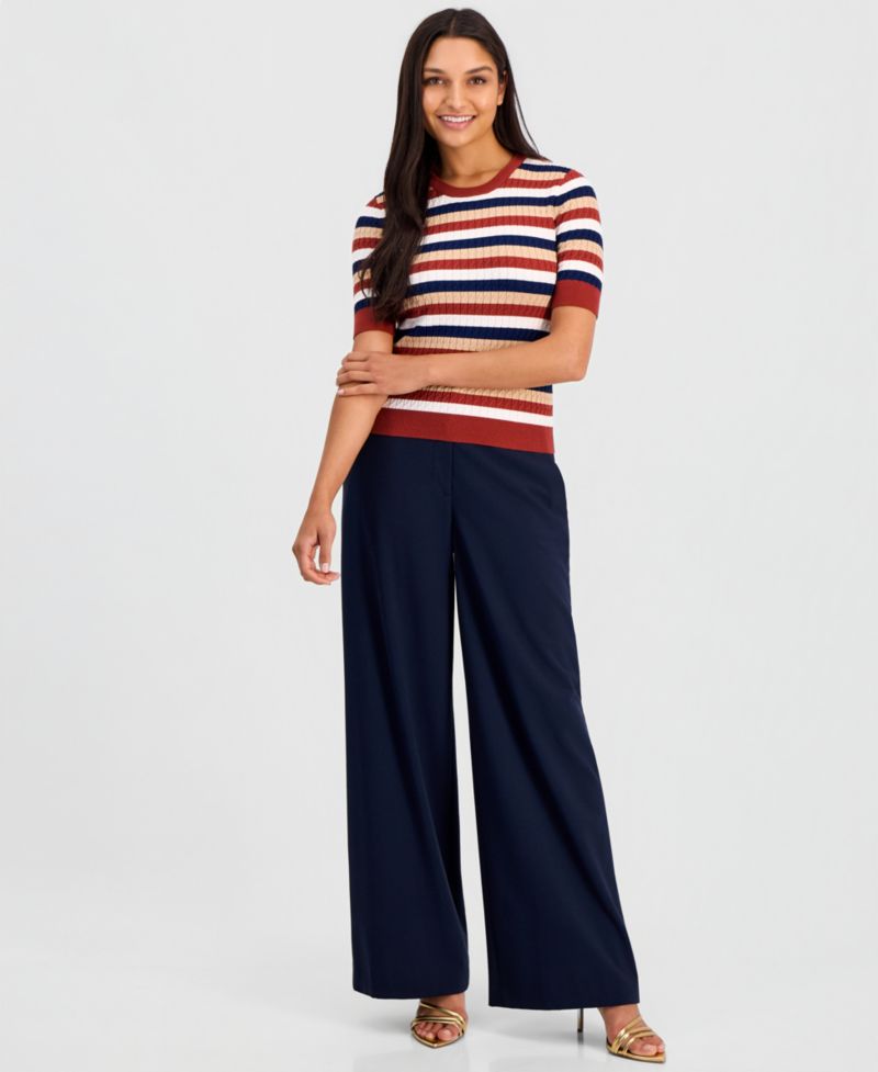 Women's Ailany Striped Ribbed-Knit Short-Sleeve Sweater