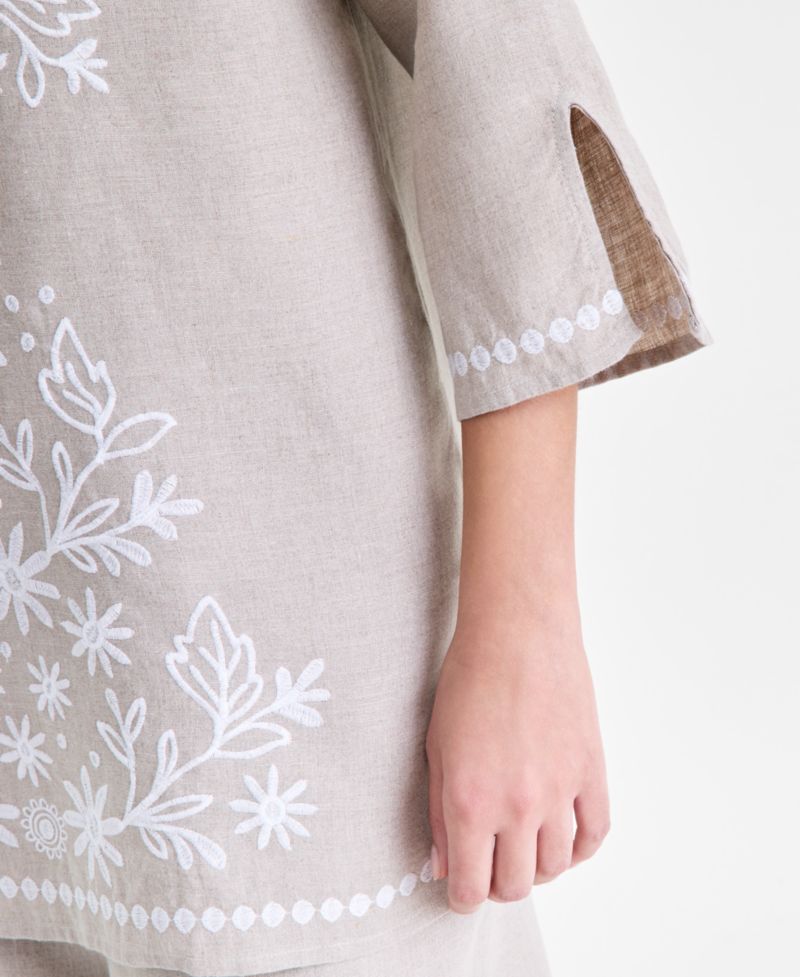 Women's 100% Linen Embroidered 3/4-Sleeve Tunic