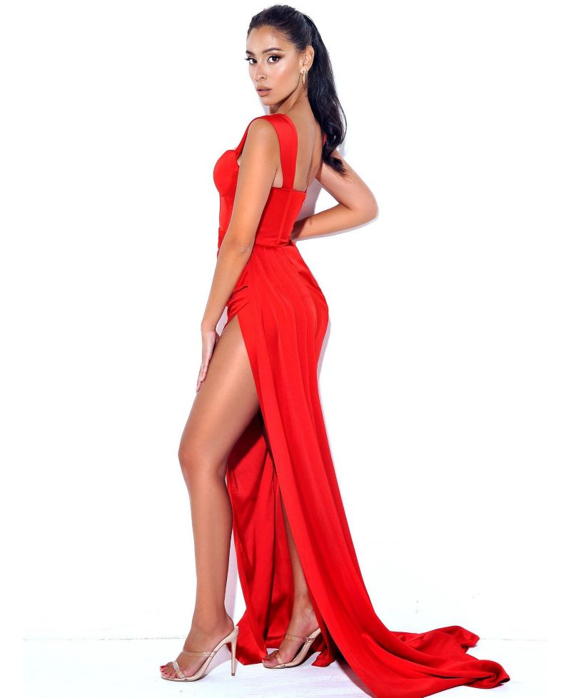 Women's Zayda Red High Slit Corset Satin Gown