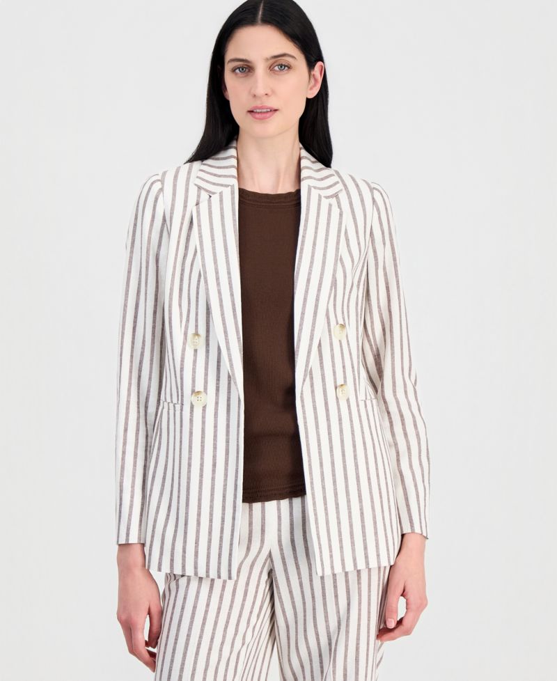 Women's Linen-Blend Striped Open Front Blazer