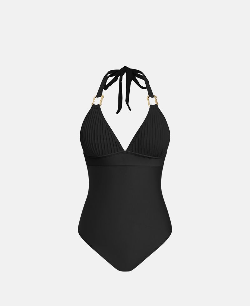 Women's Ribbed V-Neck Metal Trim One-Piece Swimsuit