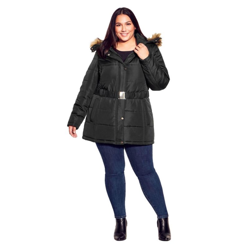 Women's Plus Size Belted Hood Puffer Coat