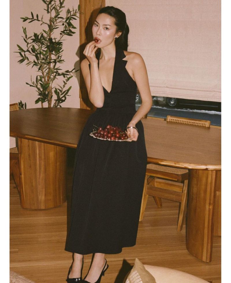 Women's Delaney Black Lapel Halter Midi A-Line Dress