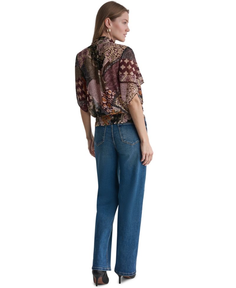 Women's Bow Neck Mixed Print Short-Sleeve Blouse