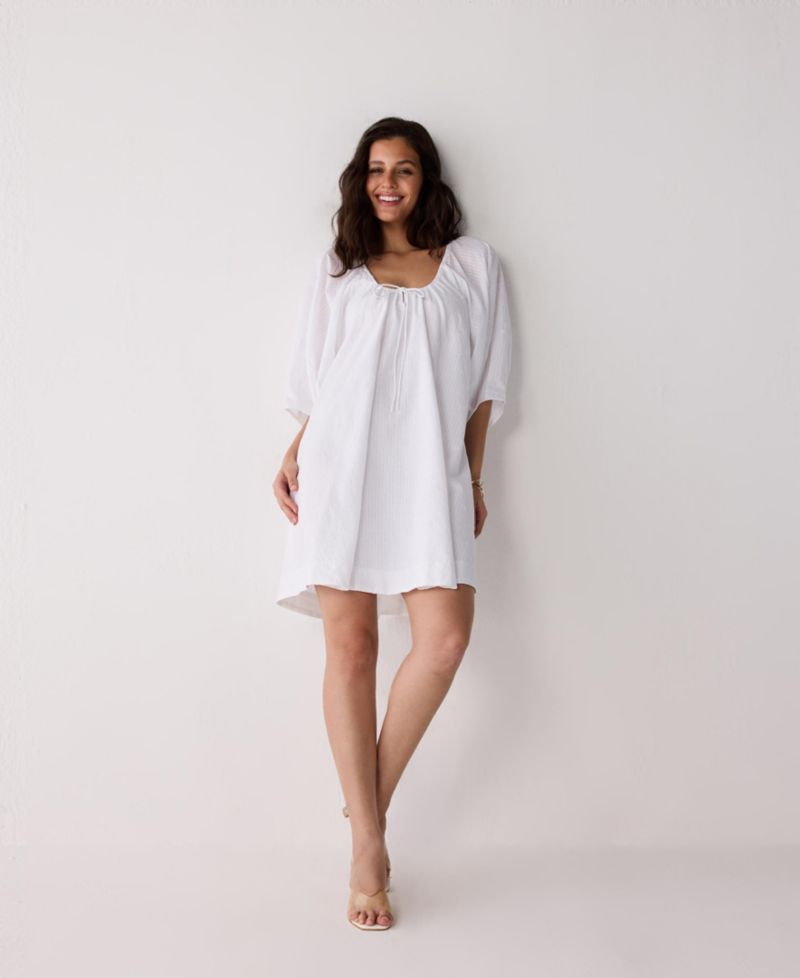 Women's Puff Sleeved Dress with Drawstring Neckline