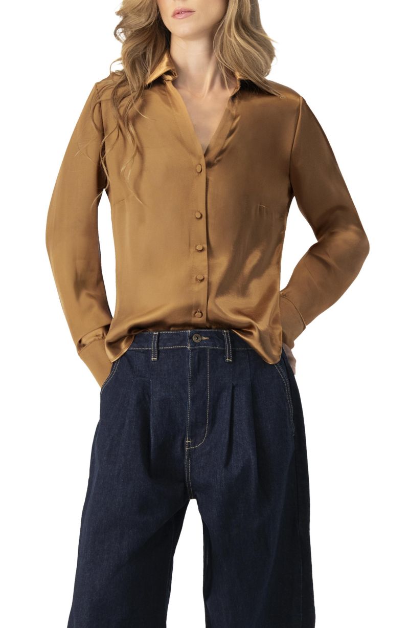 Women's Solid Long Sleeve Satin Shirt