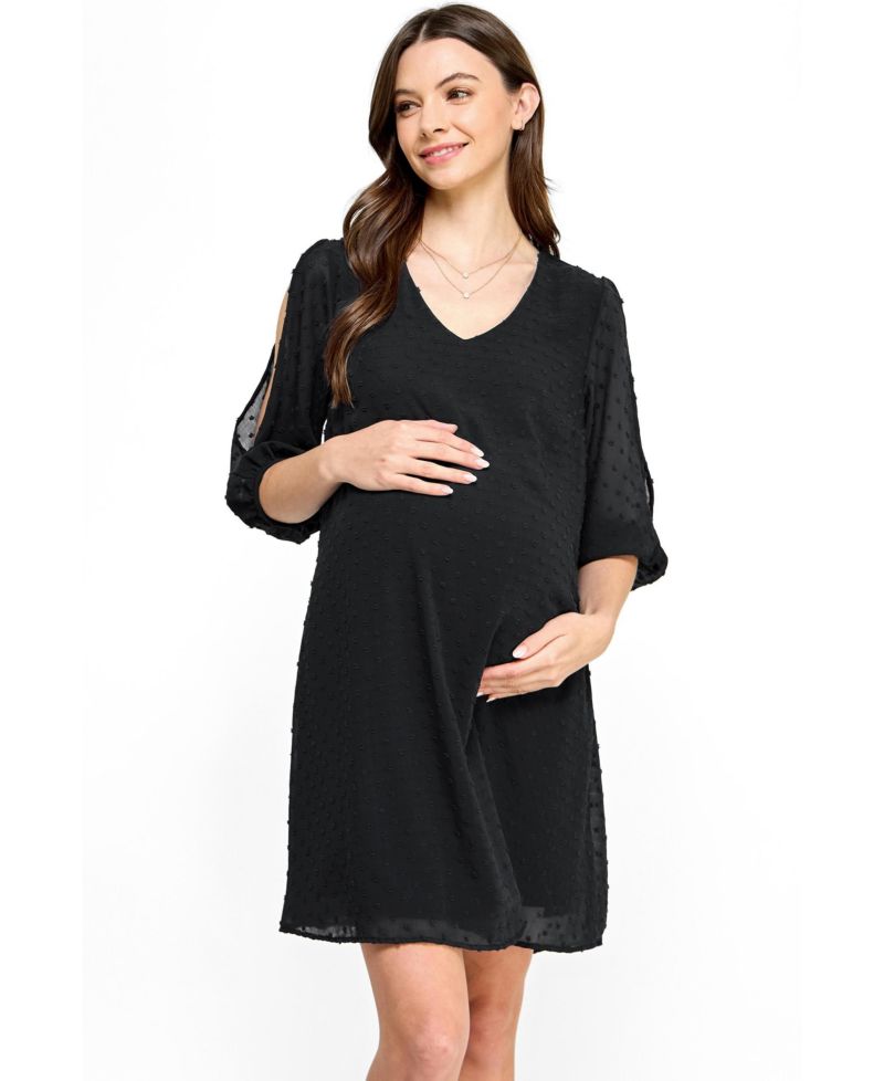 Women's Swiss Dot Split Sleeve V Neck Dress
