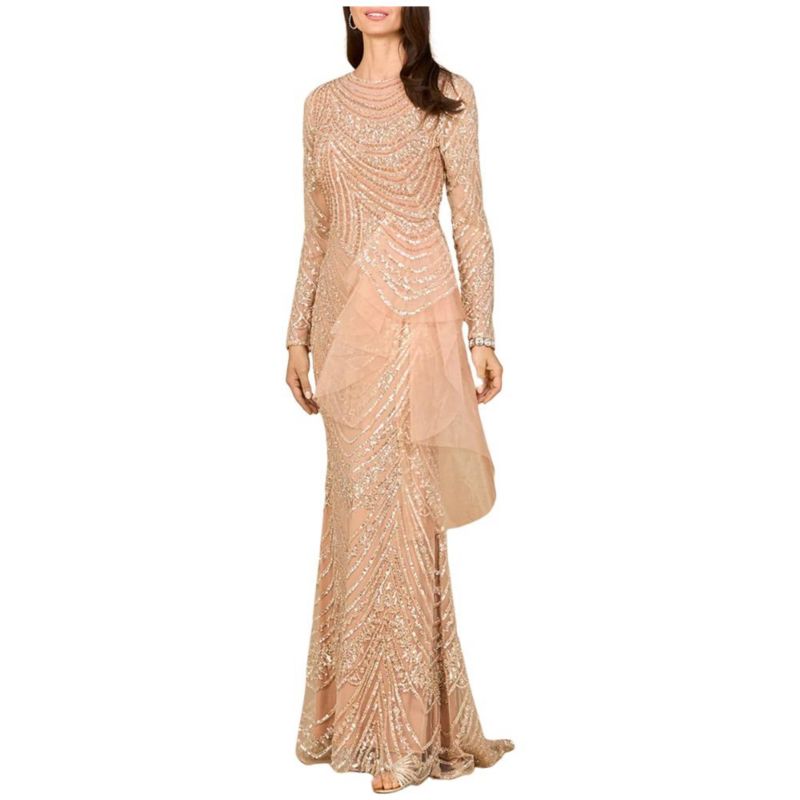 Women's Beaded Long Sleeve Gown with Tulle Applique