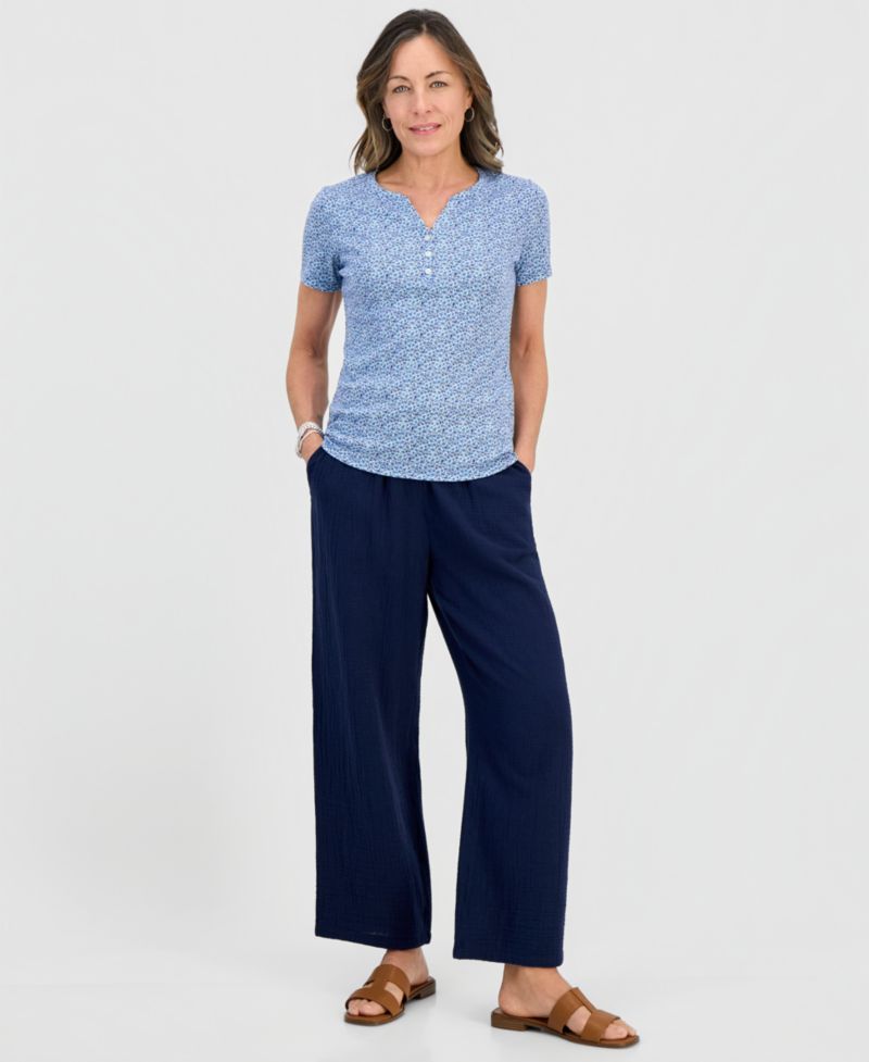 Petite Cotton Gauze Wide-Leg Pull-On Pants