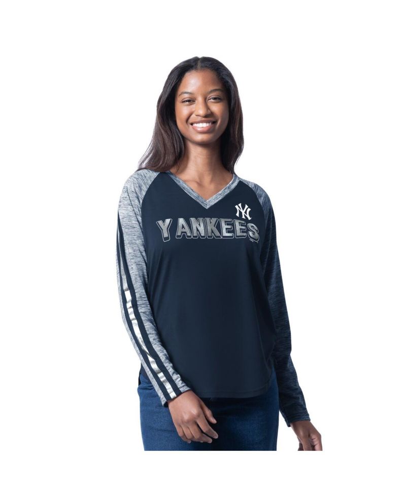 Women's Navy New York Yankees Top Dog Raglan Long Sleeve V-Neck T-Shirt