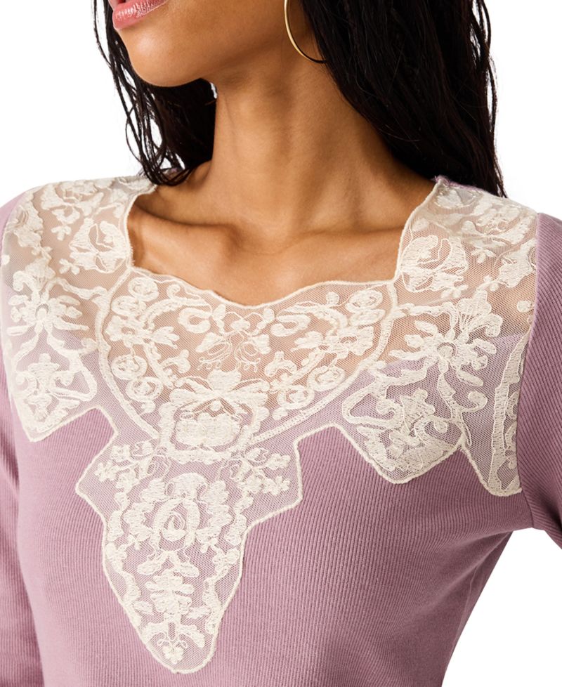 Women's Rib Knit Lace Trim 3/4 Sleeve Square Neck Top