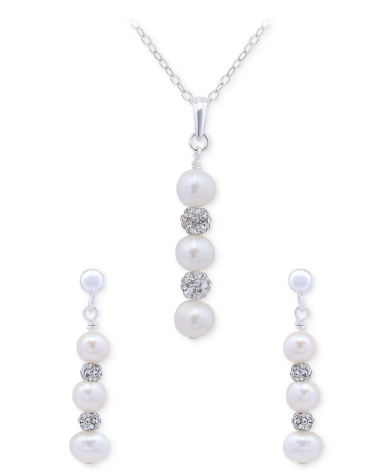 2-Pc. Set Freshwater Pearl & Crystal Vertical Pendant Necklace & Matching Drop Earrings in Sterling Silver