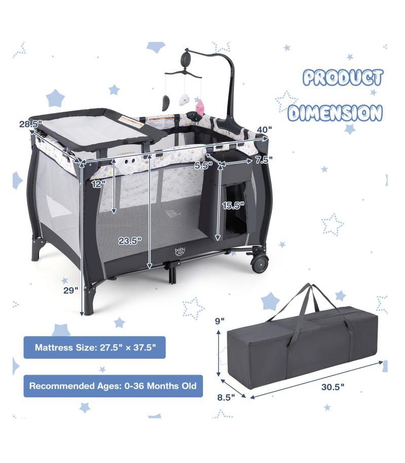 Portable Baby Playpen with Bassinet, Changing Station and Music Box for Newborns