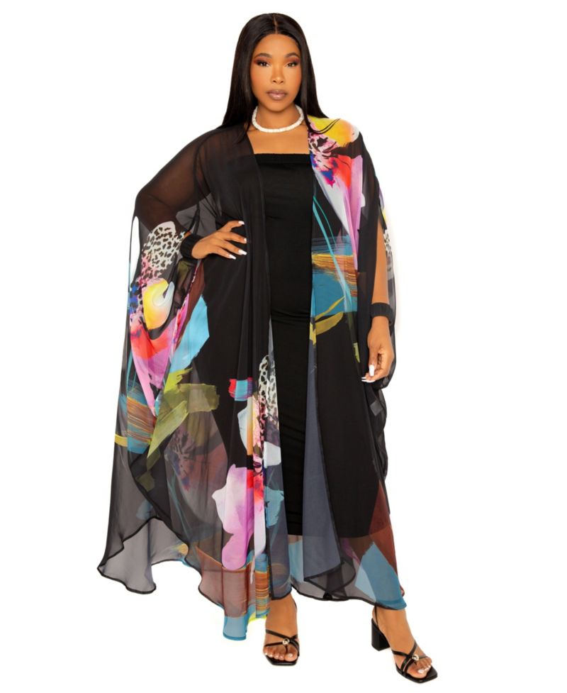 Plus Size Floral Chiffon Kimono Cover-Ups