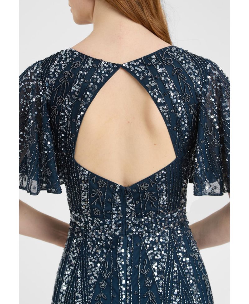 Women's Embellished Sequin Beaded Maxi Dress With Flutter Sleeve
