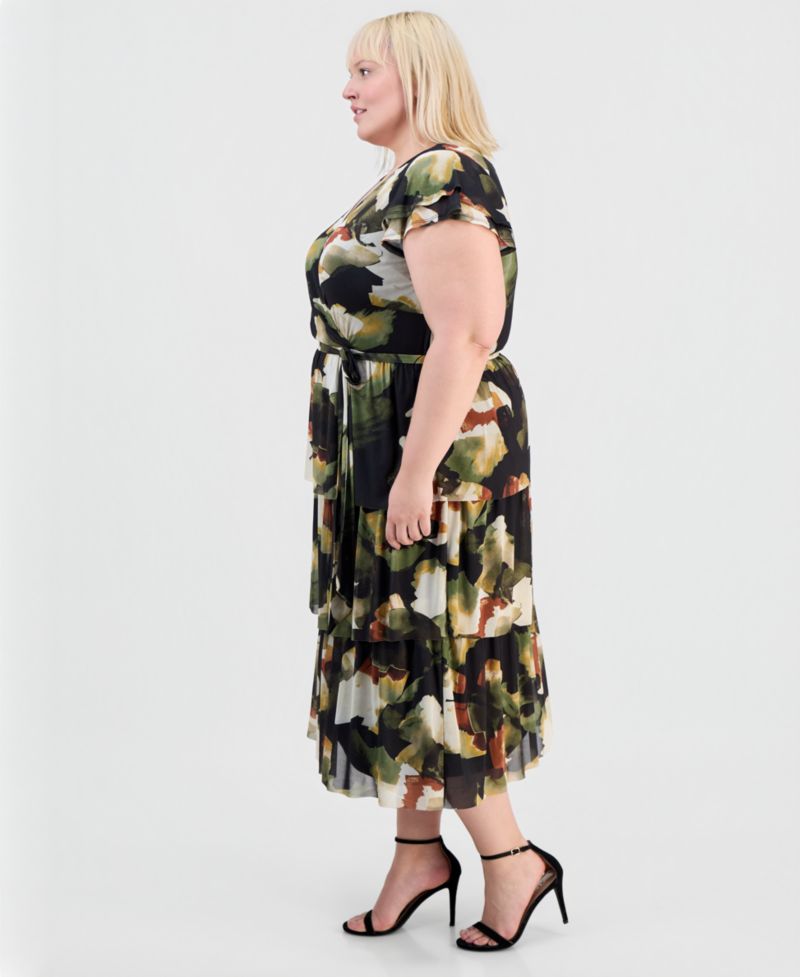Plus Size Printed Tiered V-Neck Midi Dress