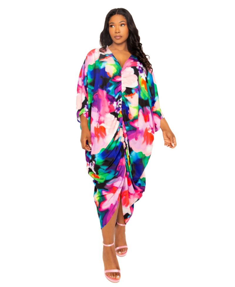 Women's Plus Size Printed Cinch Waist Kaftan Dress