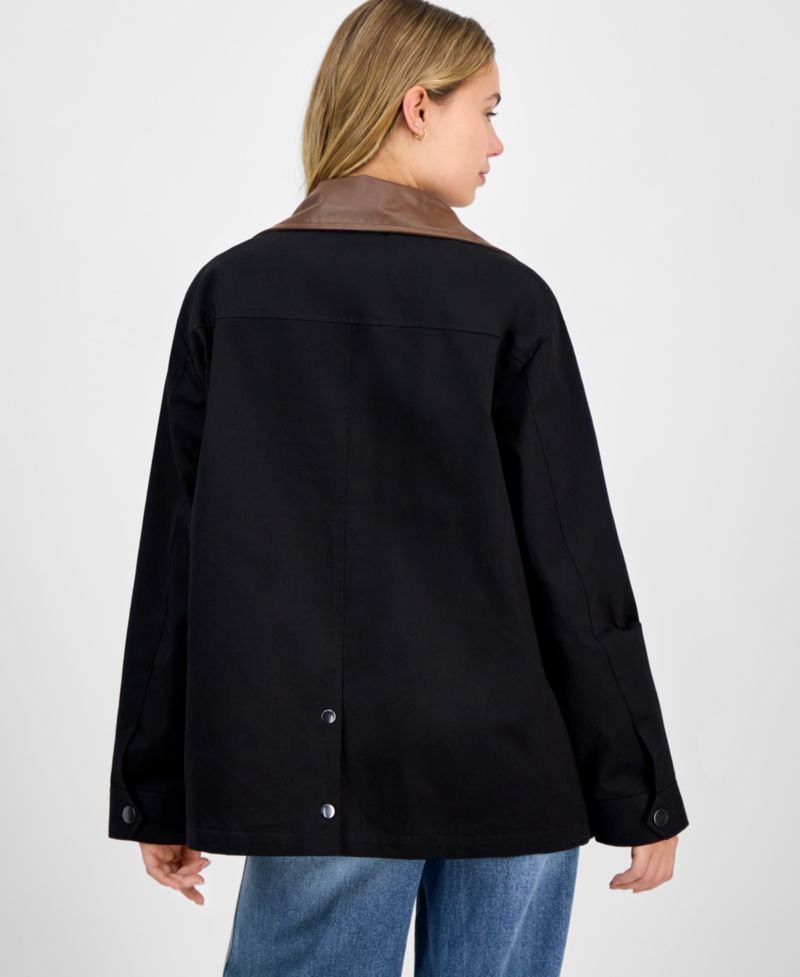 Juniors' Contrast-Collar Snap-Front Barn Jacket
