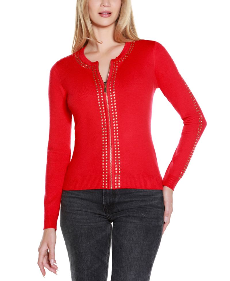 Women's Crewneck Embellished Zip Cardigan Sweater