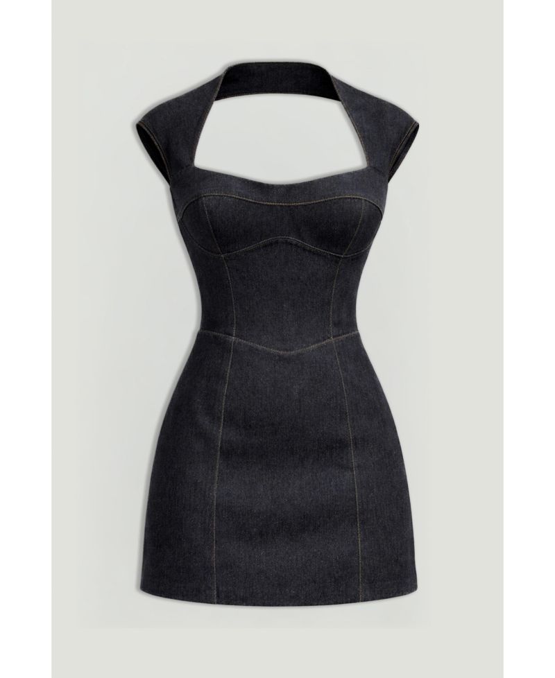 Women's Backless Mini Denim Dress with Built-In Cup Detail