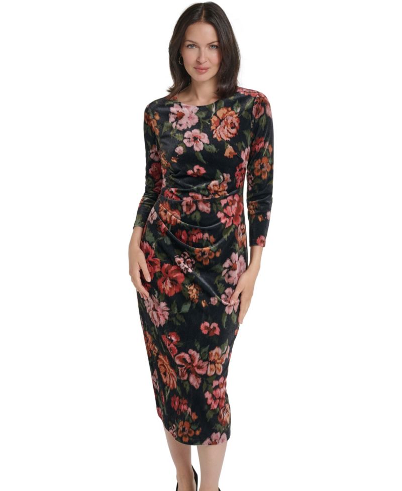Petite Floral-Print Velvet Midi Dress